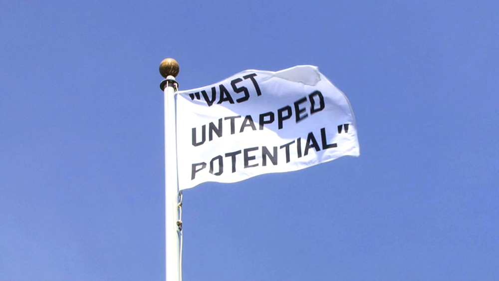 Flag that reads "Vast Untapped Potential" art by Lauren Marsden