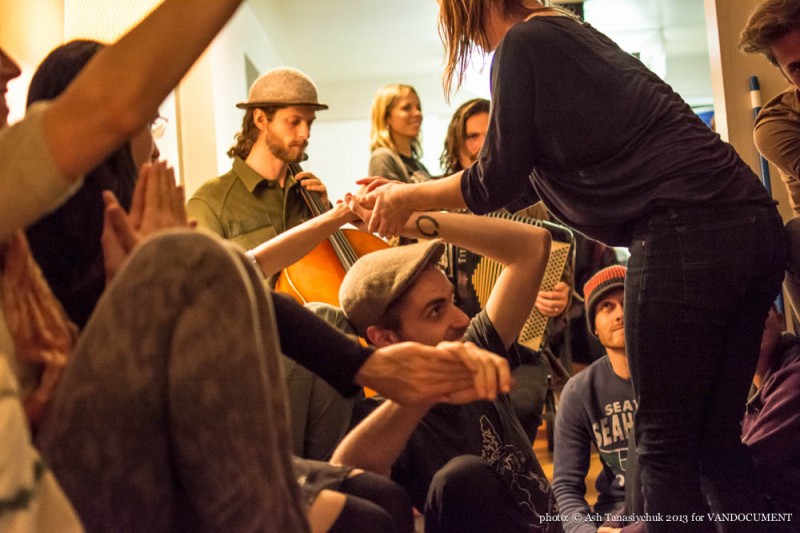 'Music and Movement Mondays' performance at the VANDOCUMENT Six Month House Concert, Vancouver BC, 2013. Photo by Ash Tanasiychuk