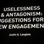 Uselessness & Antagonism: Suggestions for a New Engagement, a lecture by Justin Langlois @ SFU Woodward's, Vancouver, BC. Photo by Alisha Weng for Vandocument.