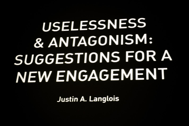Uselessness & Antagonism: Suggestions for a New Engagement, a lecture by Justin Langlois @ SFU Woodward's, Vancouver, BC. Photo by Alisha Weng for Vandocument.