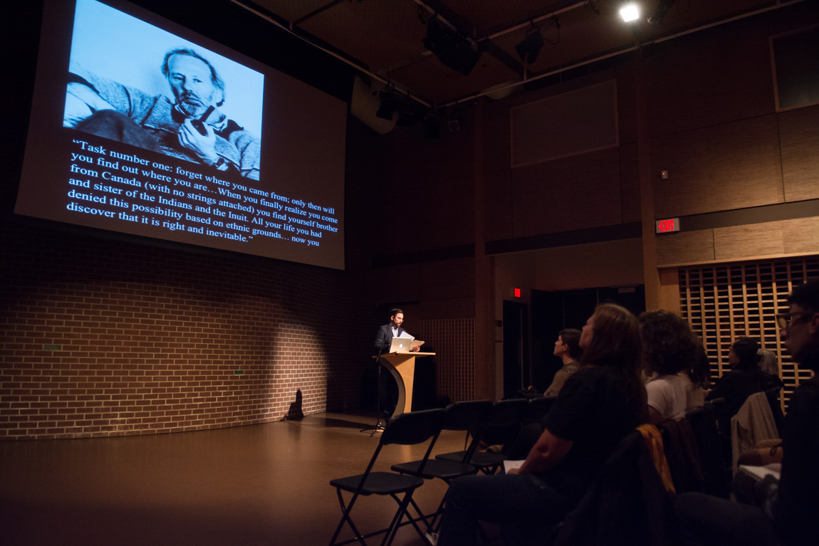 Dylan Robinson talk at SFU Woodward's, Vancouver BC, 2014. Photo by Ash Tanasiychuk for VANDOCUMENT