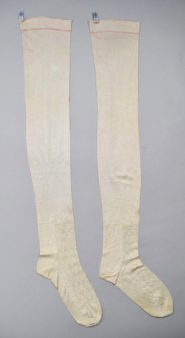Frame-knit and machine-embroidered silk stockings, England; 1810-1835.